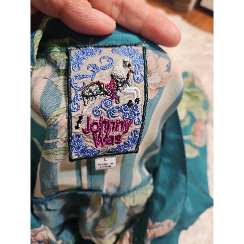 JOHNY WAS ROMANO Flower Ceres Shirt Large Teal Floral Cupra Rayon Button Down - Picture 6 of 9